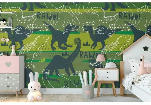 Children's wallpaper with stylized dinosaur pattern.
