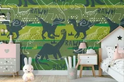 Children's wallpaper with stylized dinosaur pattern.