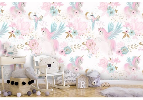 Children's wallpaper decoration unicorns and flowers.