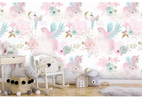 Children's wallpaper decoration unicorns and flowers.