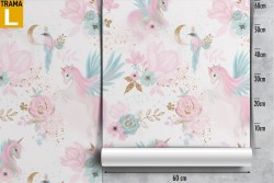 Carta da Parati bambini decorazione unicorni e fiori.