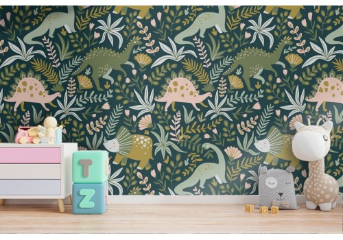 Wallpaper pattern children dinosaurs and leaves.