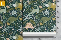 Wallpaper pattern children dinosaurs and leaves.