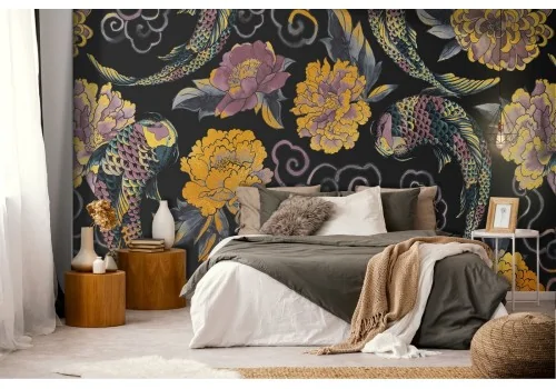 Wallpaper nature decoration flowers and Koi carp.