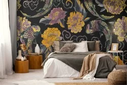 Carta da Parati natura decorazione fiori e carpe Koi.