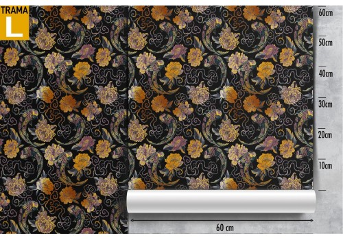 Carta da Parati natura decorazione fiori e carpe Koi. 2