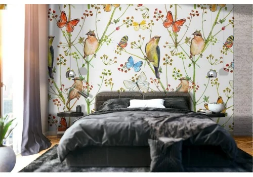 Carta da Parati natura pattern farfalle e uccellini.