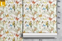 Carta da Parati natura pattern farfalle e uccellini.