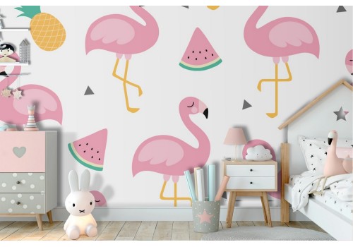 Children's wallpaper decoration pink flamingos.