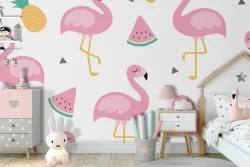 Carta da Parati bambini decorazione fenicotteri rosa.
