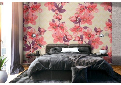 Refined nature pattern pink flowers wallpaper.