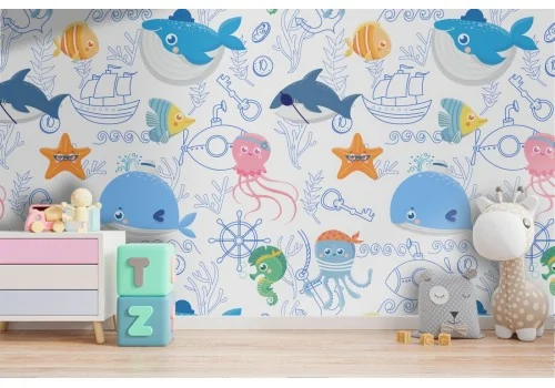 Children's wallpaper with stylized animal fish.