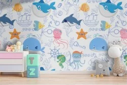 Carta da Parati bambini animali pesci stilizzati.