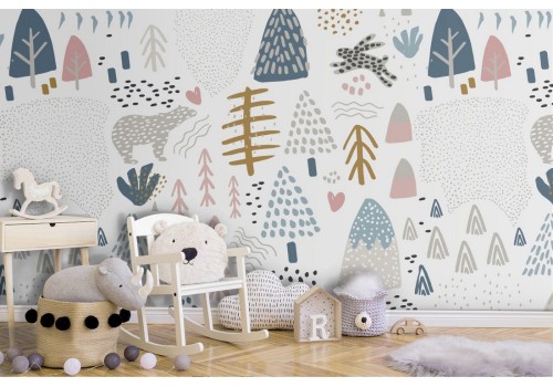 Stylized winter forest animals wallpaper for children.