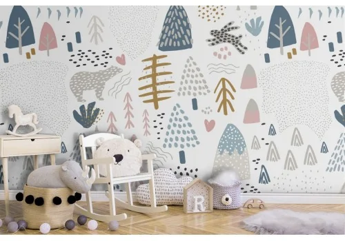 Stylized winter forest animals wallpaper for children.