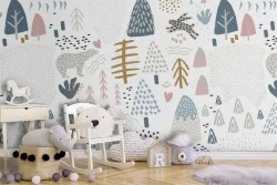 Carta da Parati animali foresta invernale stilizzata bambini.