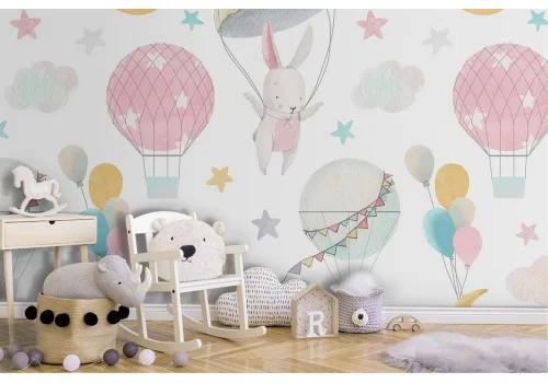 Carta da Parati bambini mongolfiere rosa decorazione.