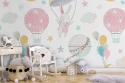 Children's wallpaper pink hot air balloons decoration.
