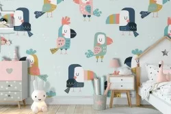 Carta da Parati per bambini pappagalli pattern animali.
