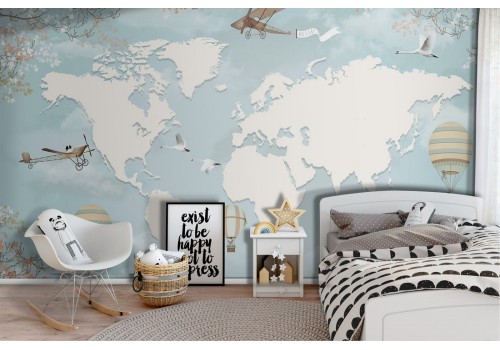 Wallpaper with world map, airplanes and hot air balloons