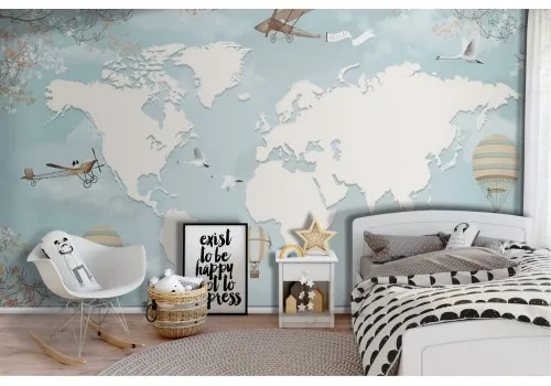 Wallpaper with world map, airplanes and hot air balloons