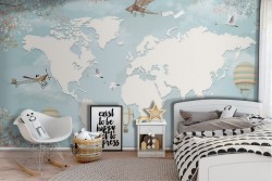 Wallpaper with world map, airplanes and hot air balloons