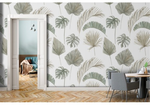 Wallpaper with stylized green leaves simple nature pattern.