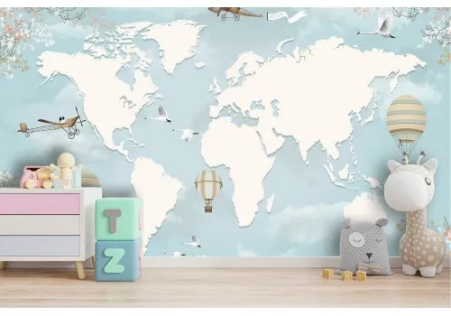 Wallpaper with world map, airplanes and hot air balloons 2