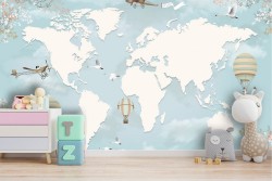 Wallpaper with world map, airplanes and hot air balloons