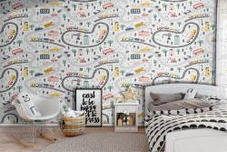 Carta da Parati bambini treni e macchine stilizzate.