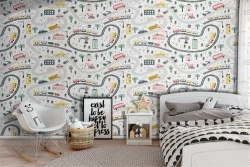 Children's wallpaper with stylized trains and cars.
