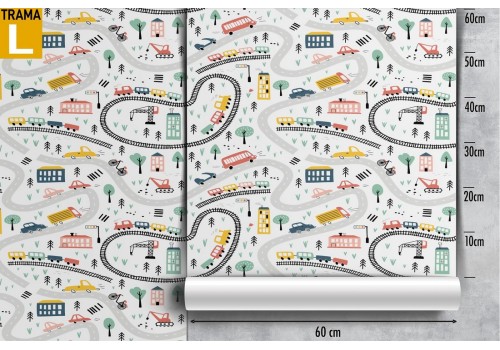 Children's wallpaper with stylized trains and cars. 2