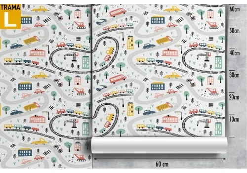 Children's wallpaper with stylized trains and cars. 2