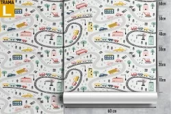 Children's wallpaper with stylized trains and cars.