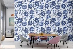 Carta da Parati rose blu fiori natura vintage.