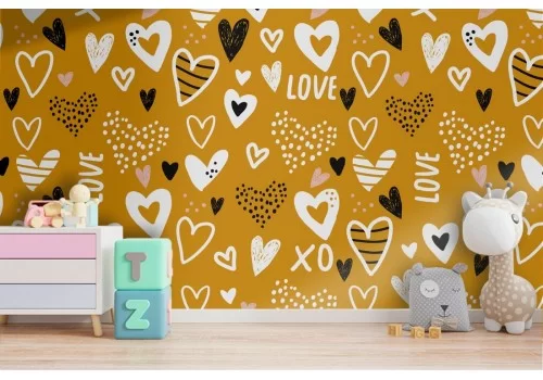 Children's wallpaper with LOVE written and hearts.