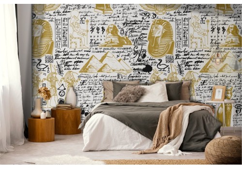 Egyptian themed wallpaper with writings and images.
