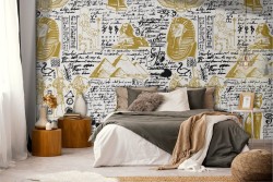 Egyptian themed wallpaper with writings and images.