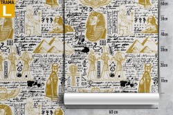 Egyptian themed wallpaper with writings and images.