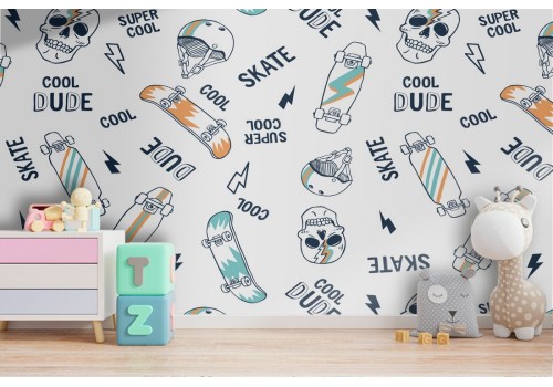 Skateboard and skulls children's wallpaper pattern.
