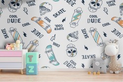Skateboard and skulls children's wallpaper pattern.