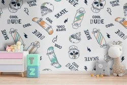 Skateboard and skulls children's wallpaper pattern.