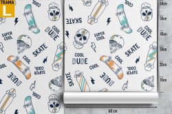 Skateboard and skulls children's wallpaper pattern.