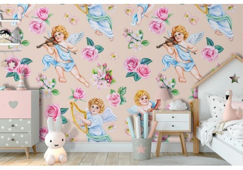 Vintage wallpaper with angels and roses for children.