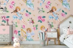 Vintage wallpaper with angels and roses for children.