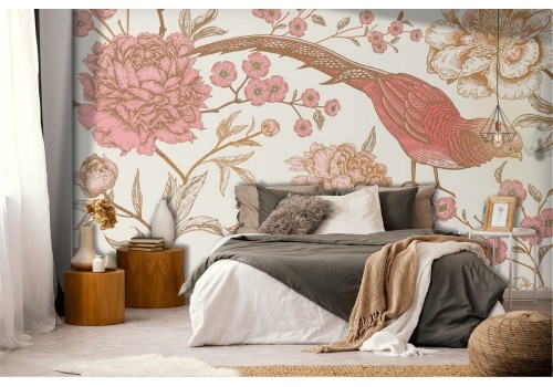 Wallpaper decoration bird with vintage flowers.