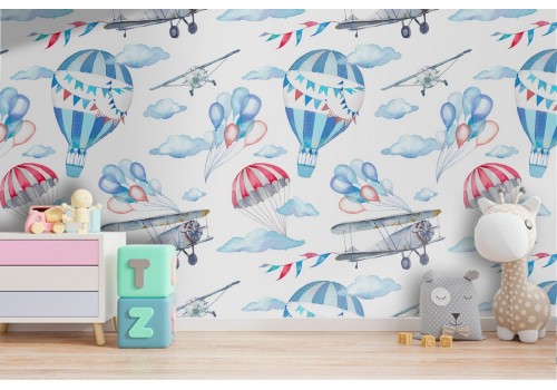 Hot air balloons and airplanes pattern children's wallpaper.