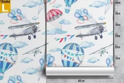 Hot air balloons and airplanes pattern children's wallpaper.