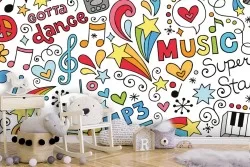Wallpaper writings and music drawings for children.