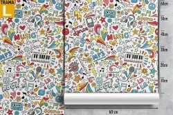 Wallpaper writings and music drawings for children.
